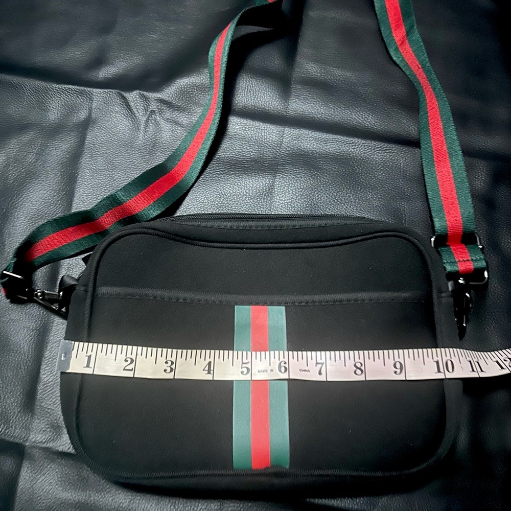Stylish Black Crossbody Bag with Red and Green Accents - Picture 9 of 12